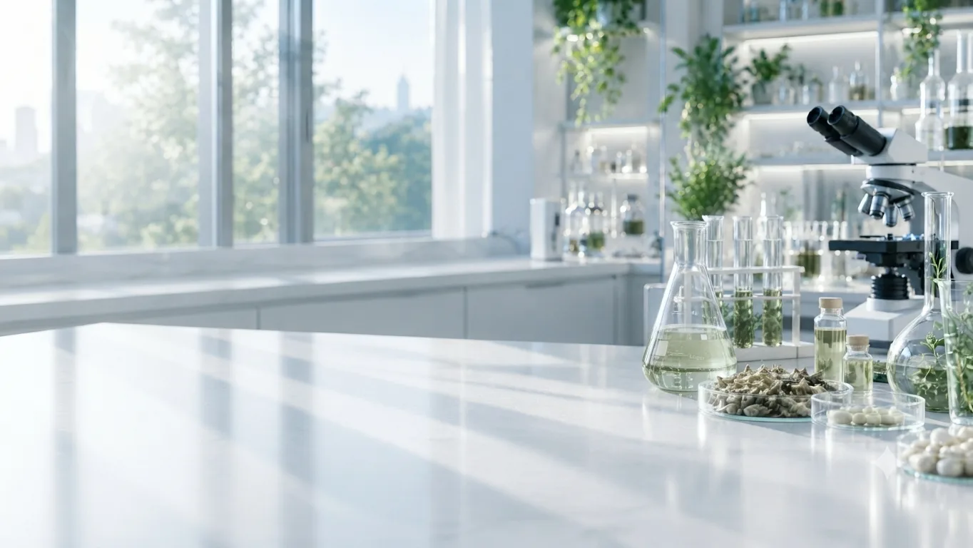 Sunlit laboratory bench with botanical extracts, glassware, capsules and a microscope
