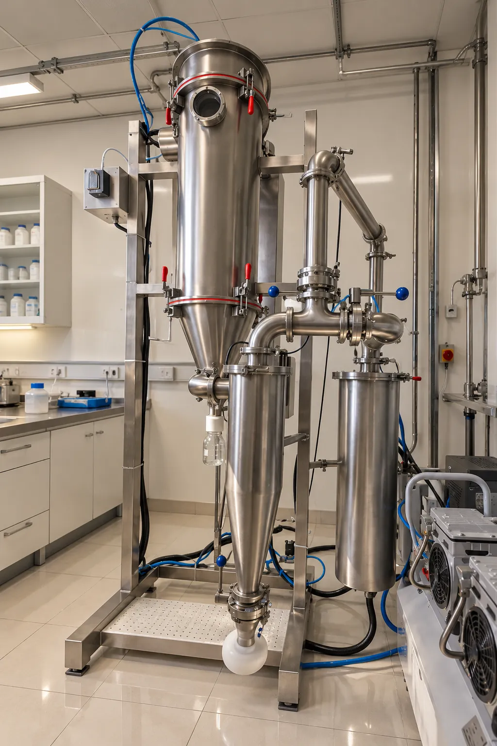 Stainless-steel conical spray dryer inside a clean manufacturing hall