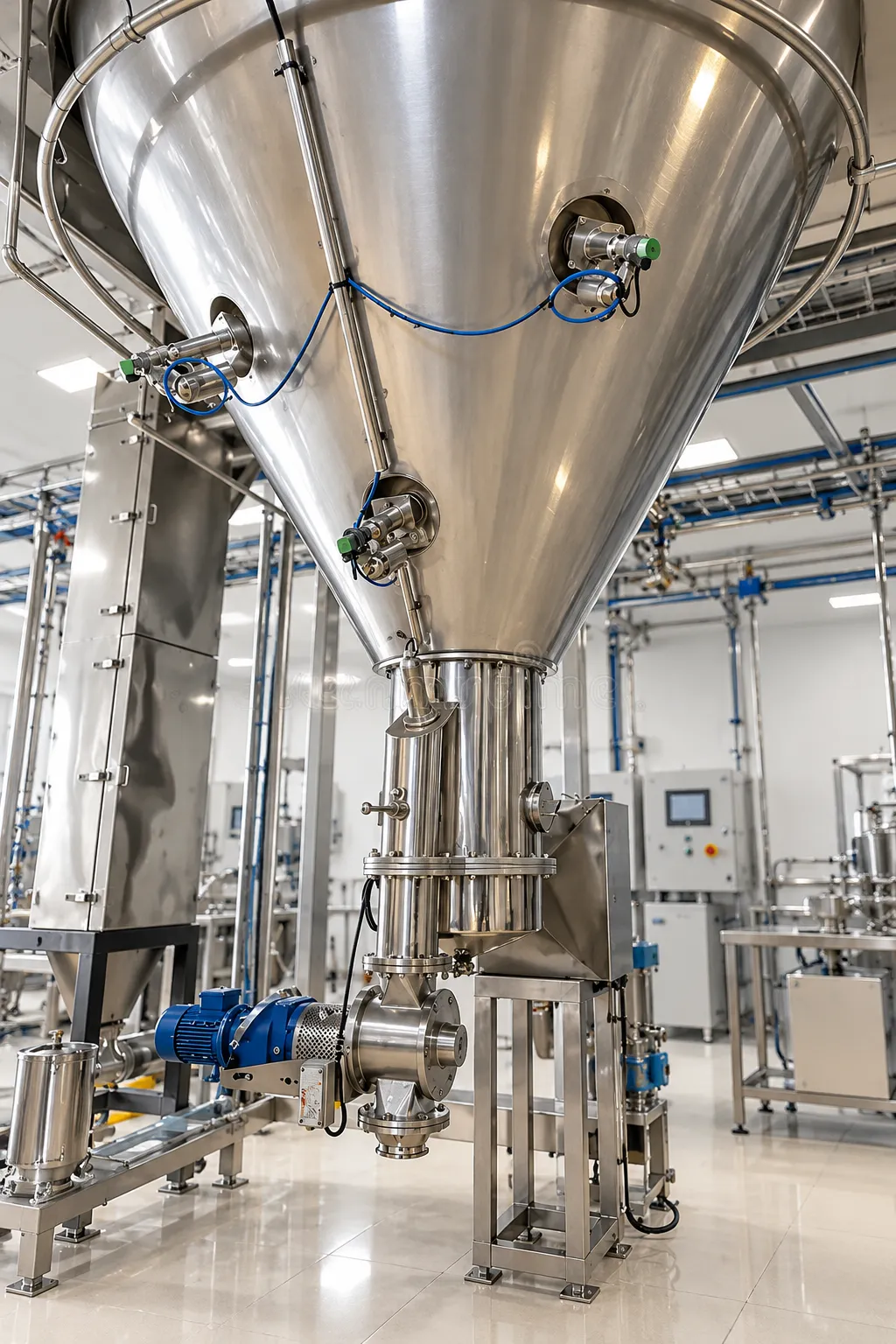 Pilot-scale stainless-steel processing tower with pipework in a laboratory