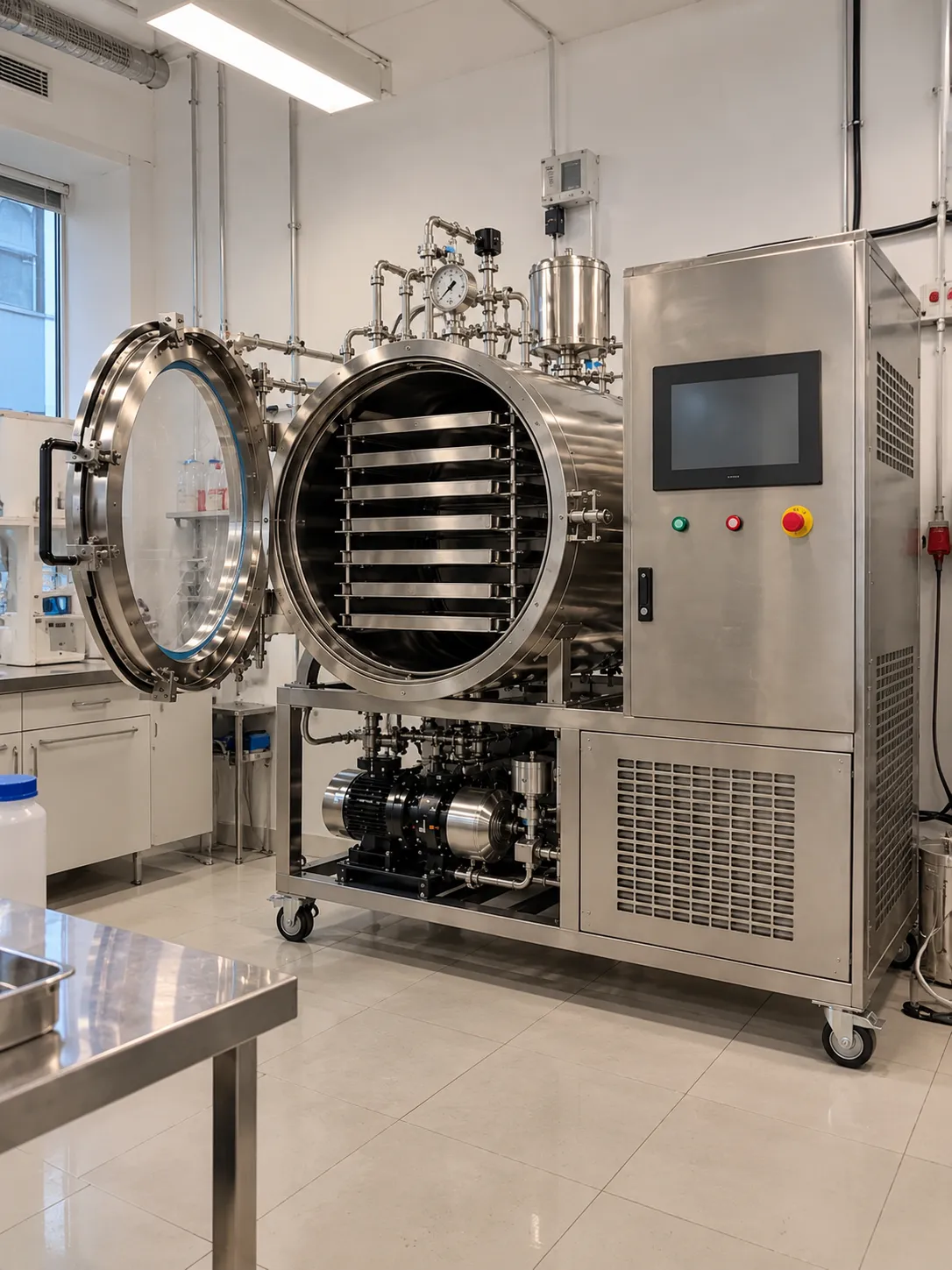 Vacuum tray dryer with its door open beside a digital control panel